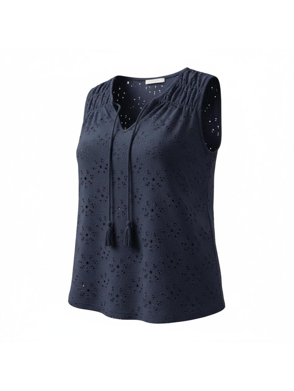 Nanette Lepore Navy Blue Eyelet Sleeveless Top NWT Size Medium Boho Tassel